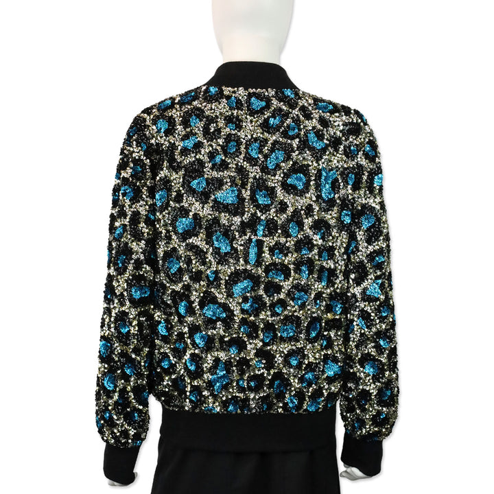 Ashish Blue Leopard Pattern Sequin Zip Bomber Jacket