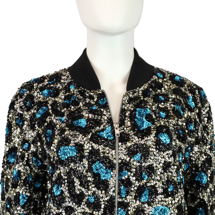 Ashish Blue Leopard Pattern Sequin Zip Bomber Jacket
