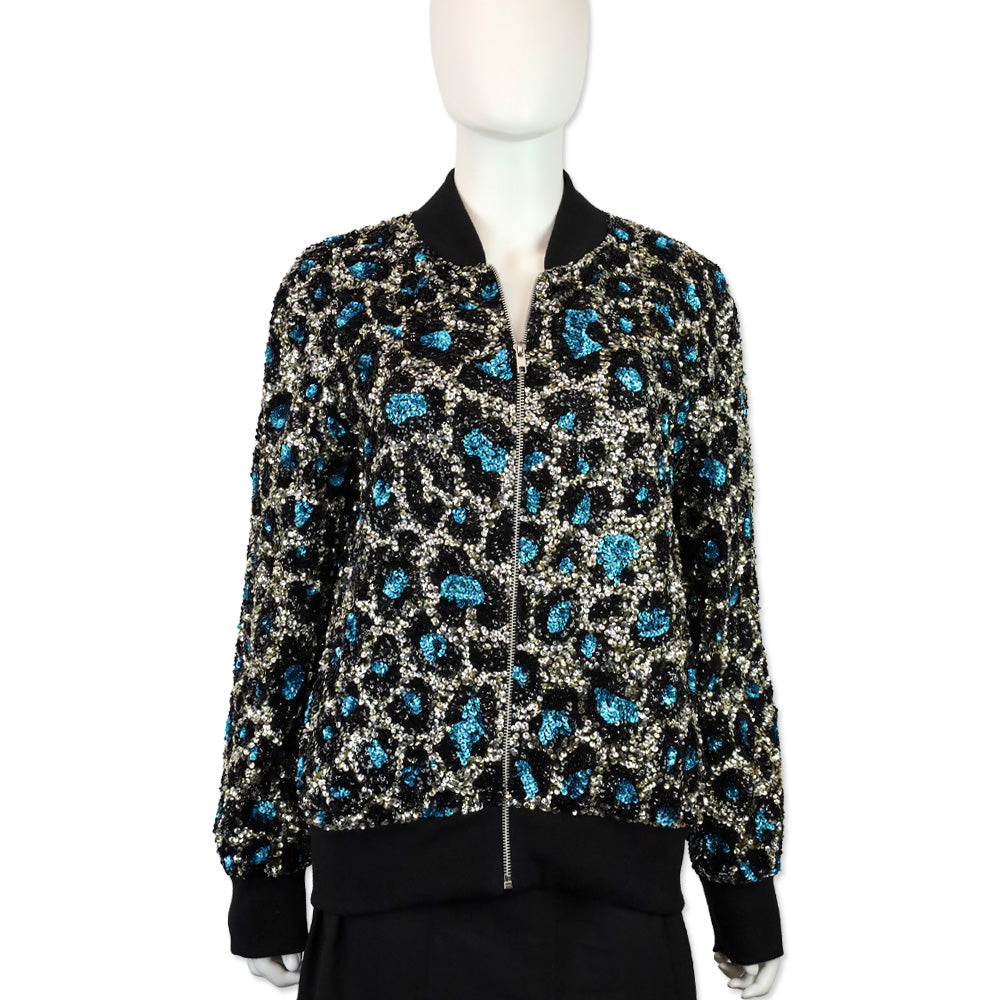 Ashish Blue Leopard Pattern Sequin Zip Bomber Jacket