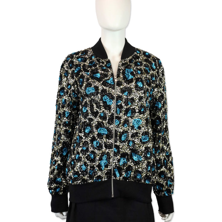 Ashish Blue Leopard Pattern Sequin Zip Bomber Jacket