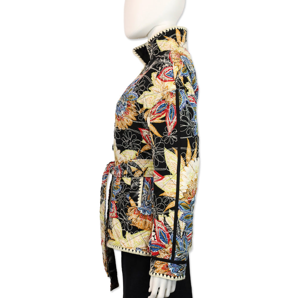 Avec Les Filles Black Boho Pattern Embroidered Paisley Belted Quilted Jacket
