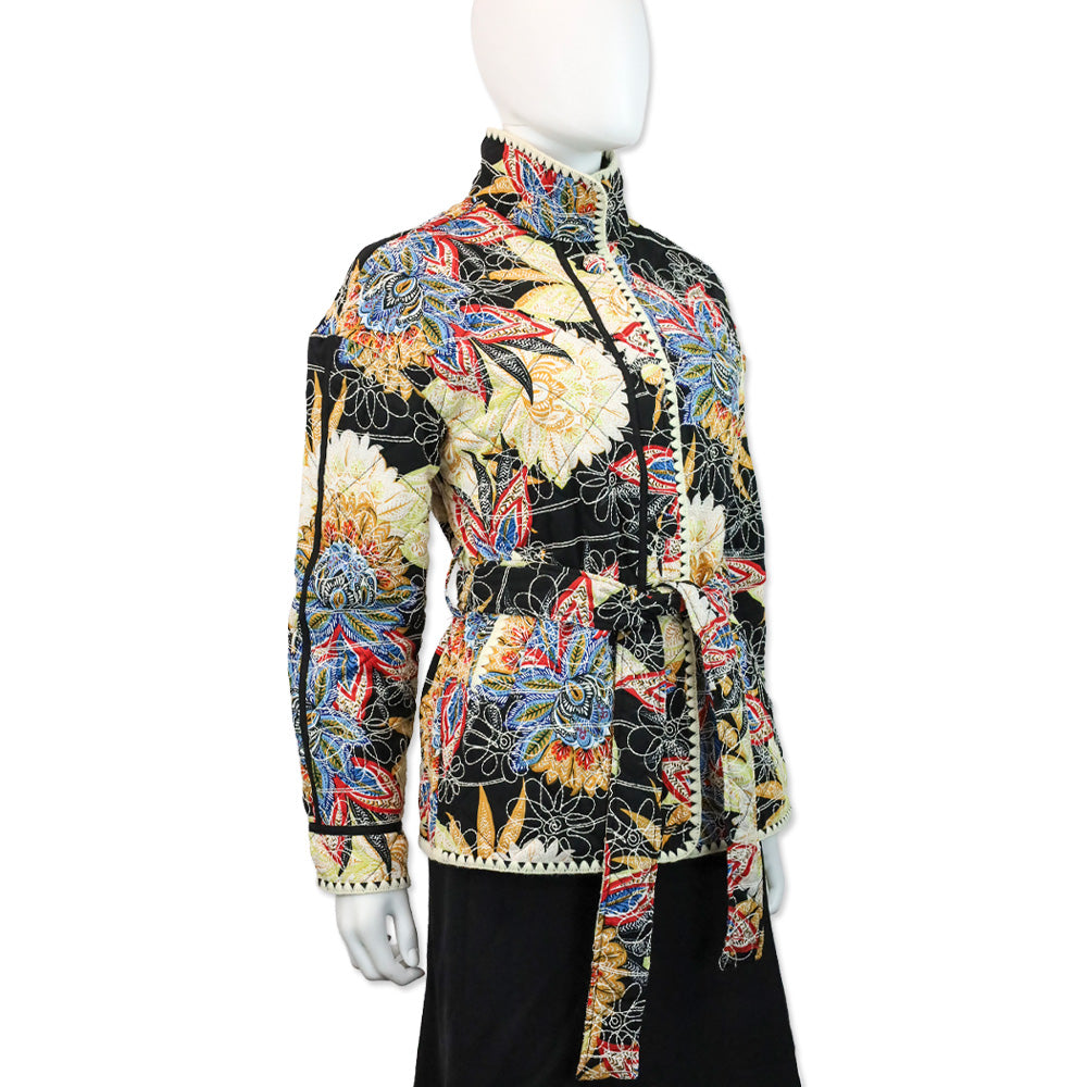 Avec Les Filles Black Boho Pattern Embroidered Paisley Belted Quilted Jacket