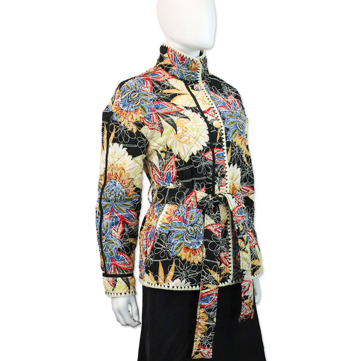 Avec Les Filles Black Boho Pattern Embroidered Paisley Belted Quilted Jacket
