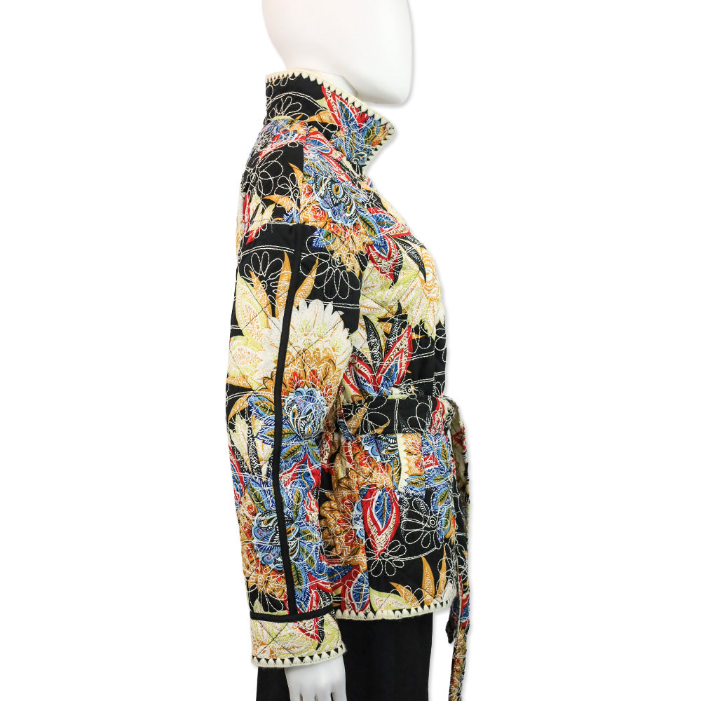 Avec Les Filles Black Boho Pattern Embroidered Paisley Belted Quilted Jacket