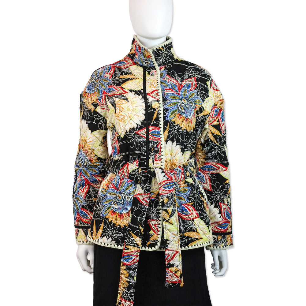 Avec Les Filles Black Boho Pattern Embroidered Paisley Belted Quilted Jacket
