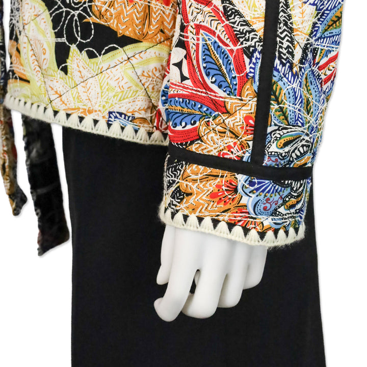 Avec Les Filles Black Boho Pattern Embroidered Paisley Belted Quilted Jacket