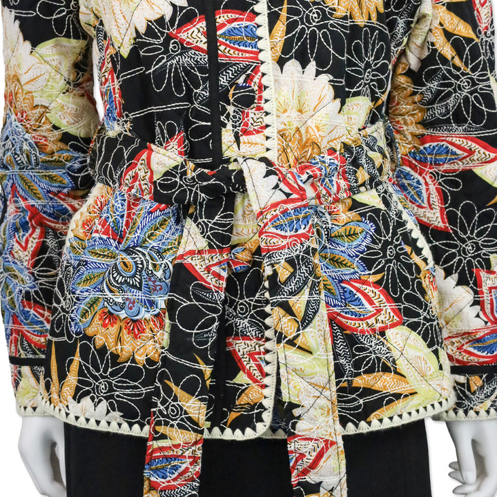 Avec Les Filles Black Boho Pattern Embroidered Paisley Belted Quilted Jacket