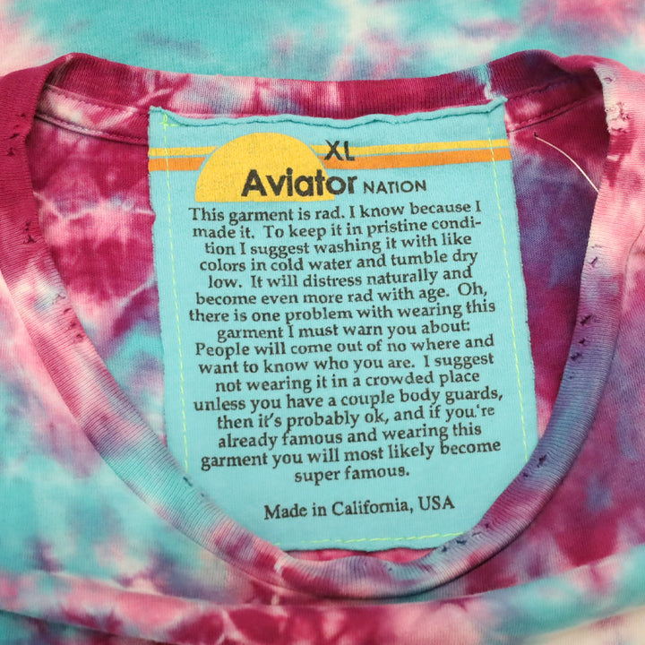 Aviator Nation Blue Pink Tie Dye Rainbow Embroidery Boyfriend Tee
