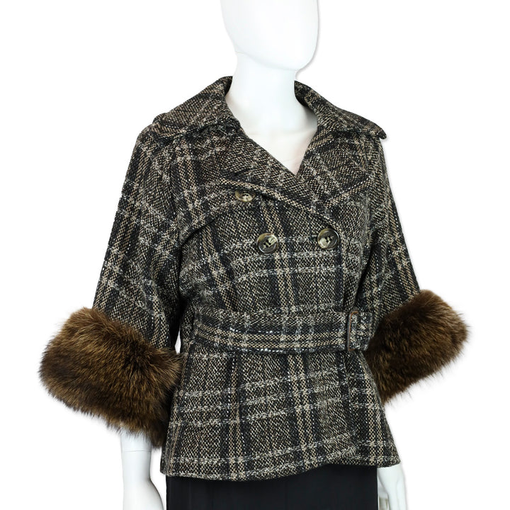 BCBGMaxazria Brown/Multi-Color Tweed Fur Trim 3/4 Sleeve Jacket
