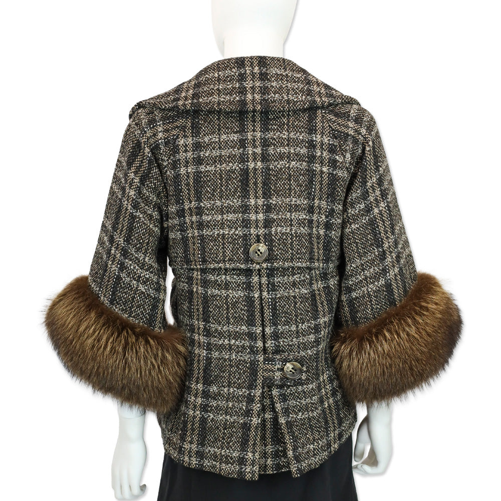 BCBGMaxazria Brown/Multi-Color Tweed Fur Trim 3/4 Sleeve Jacket