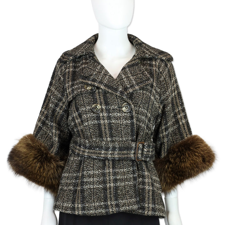 BCBGMaxazria Brown/Multi-Color Tweed Fur Trim 3/4 Sleeve Jacket