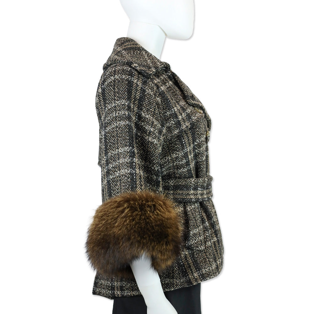BCBGMaxazria Brown/Multi-Color Tweed Fur Trim 3/4 Sleeve Jacket