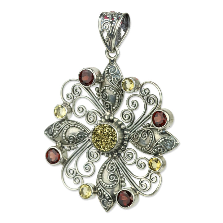 BC Sterling Silver Garnet & Citrine-Tone Filigree Flower Pendant