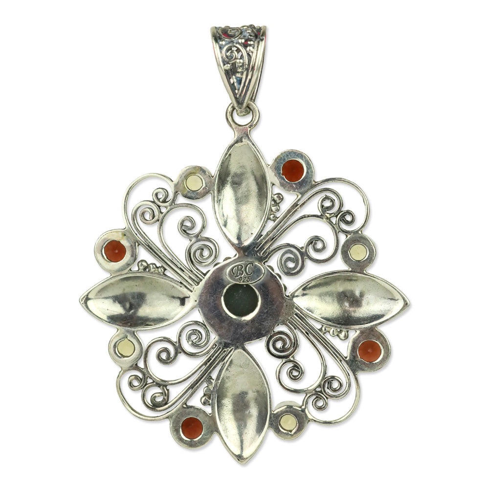 BC Sterling Silver Garnet & Citrine-Tone Filigree Flower Pendant