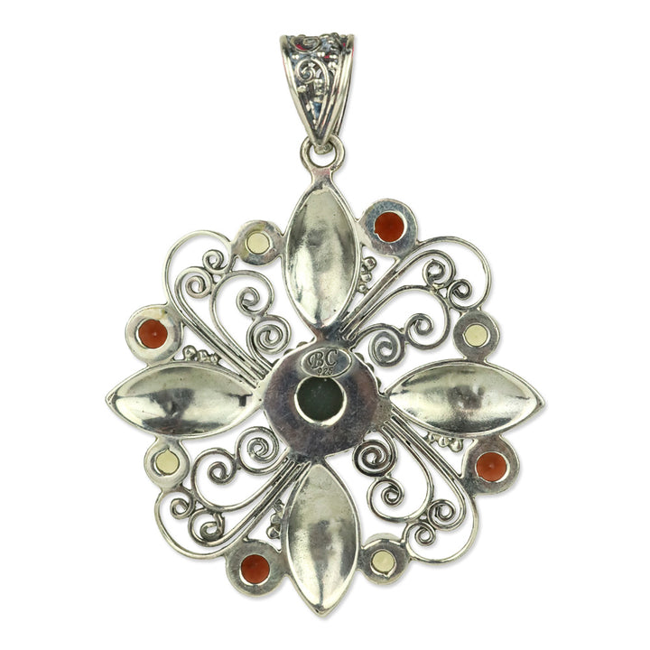 BC Sterling Silver Garnet & Citrine-Tone Filigree Flower Pendant