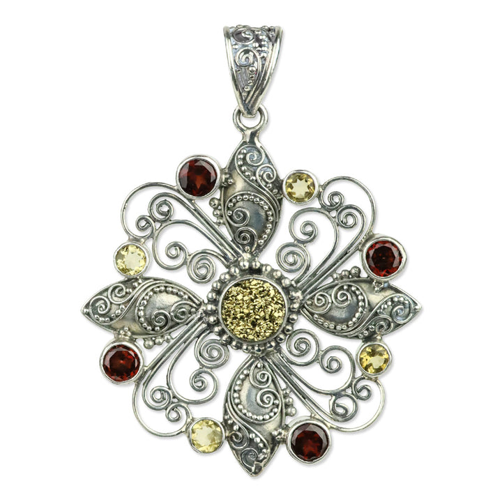 BC Sterling Silver Garnet & Citrine-Tone Filigree Flower Pendant