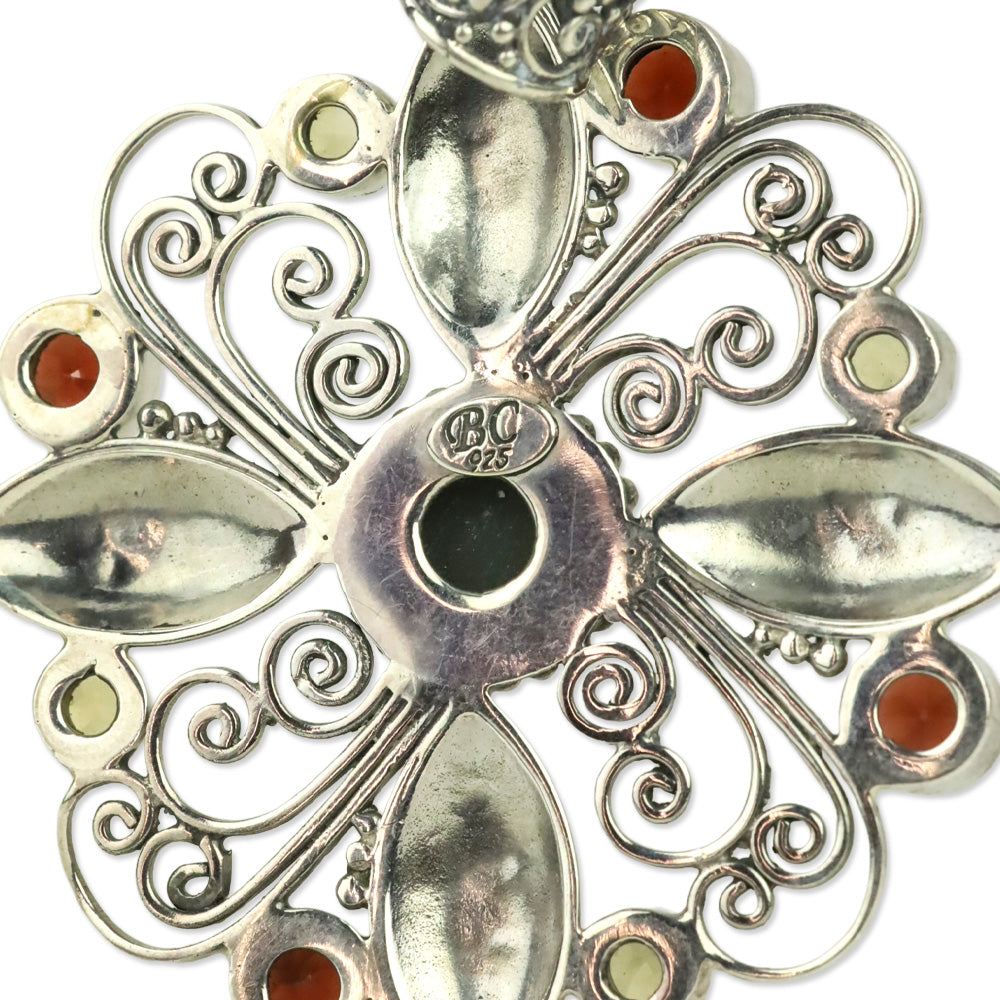 BC Sterling Silver Garnet & Citrine-Tone Filigree Flower Pendant
