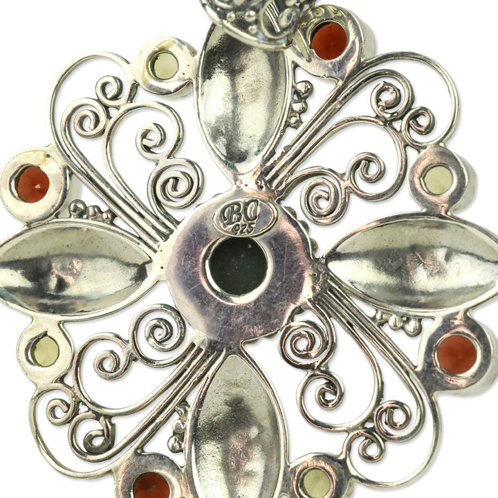 BC Sterling Silver Garnet & Citrine-Tone Filigree Flower Pendant