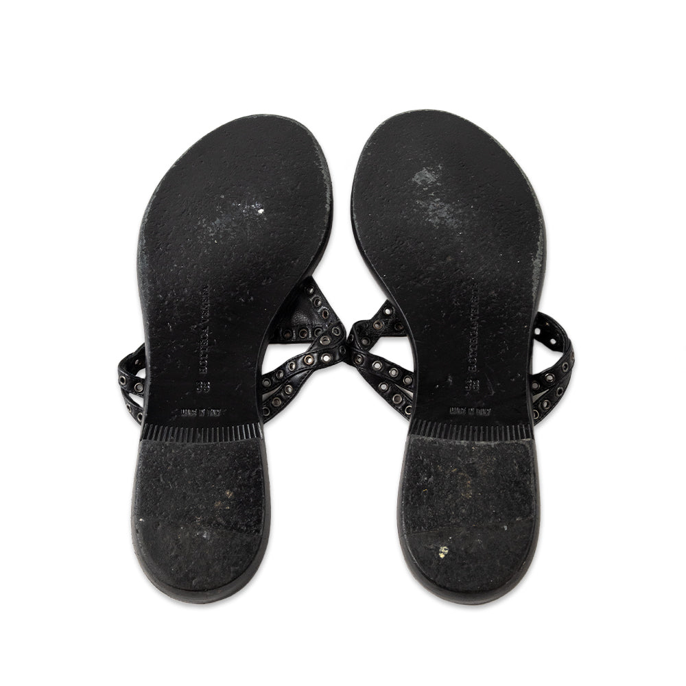 Bottega Veneta Black Leather Woven Thong Sandal