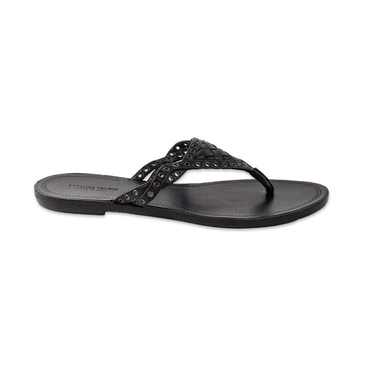 Bottega Veneta Black Leather Woven Thong Sandal