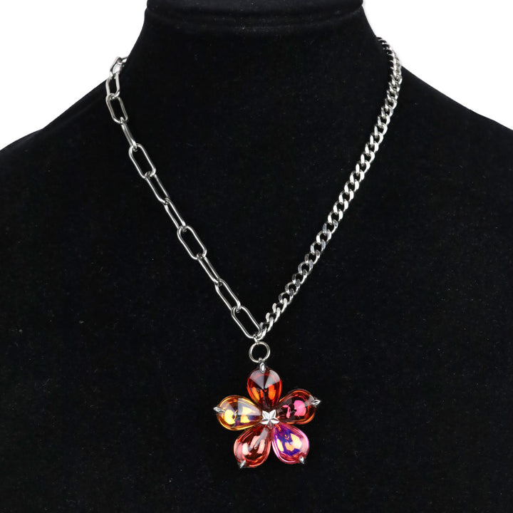 Baccarat Sterling Cuban & Paperclip Chain Link with Crystal Flower Pendant Necklace