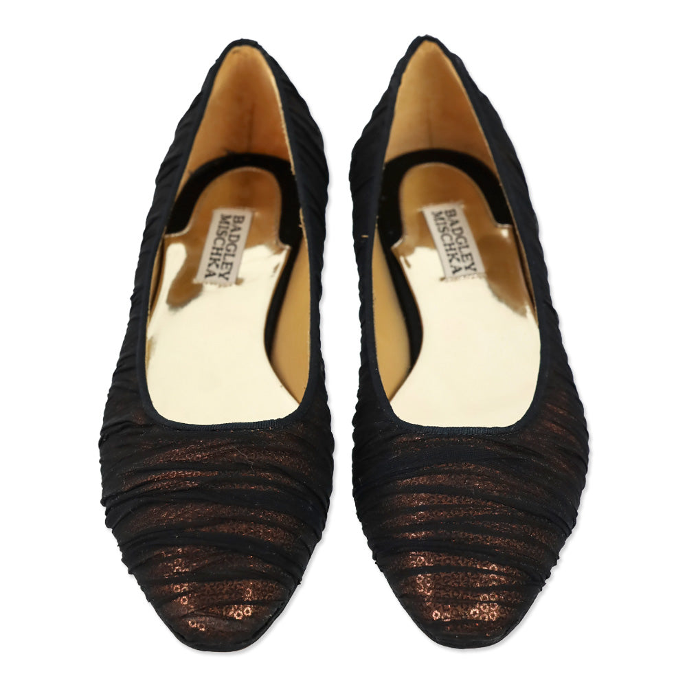 Badgley Mischka Black Organza Covered Bronze Sequin Flats