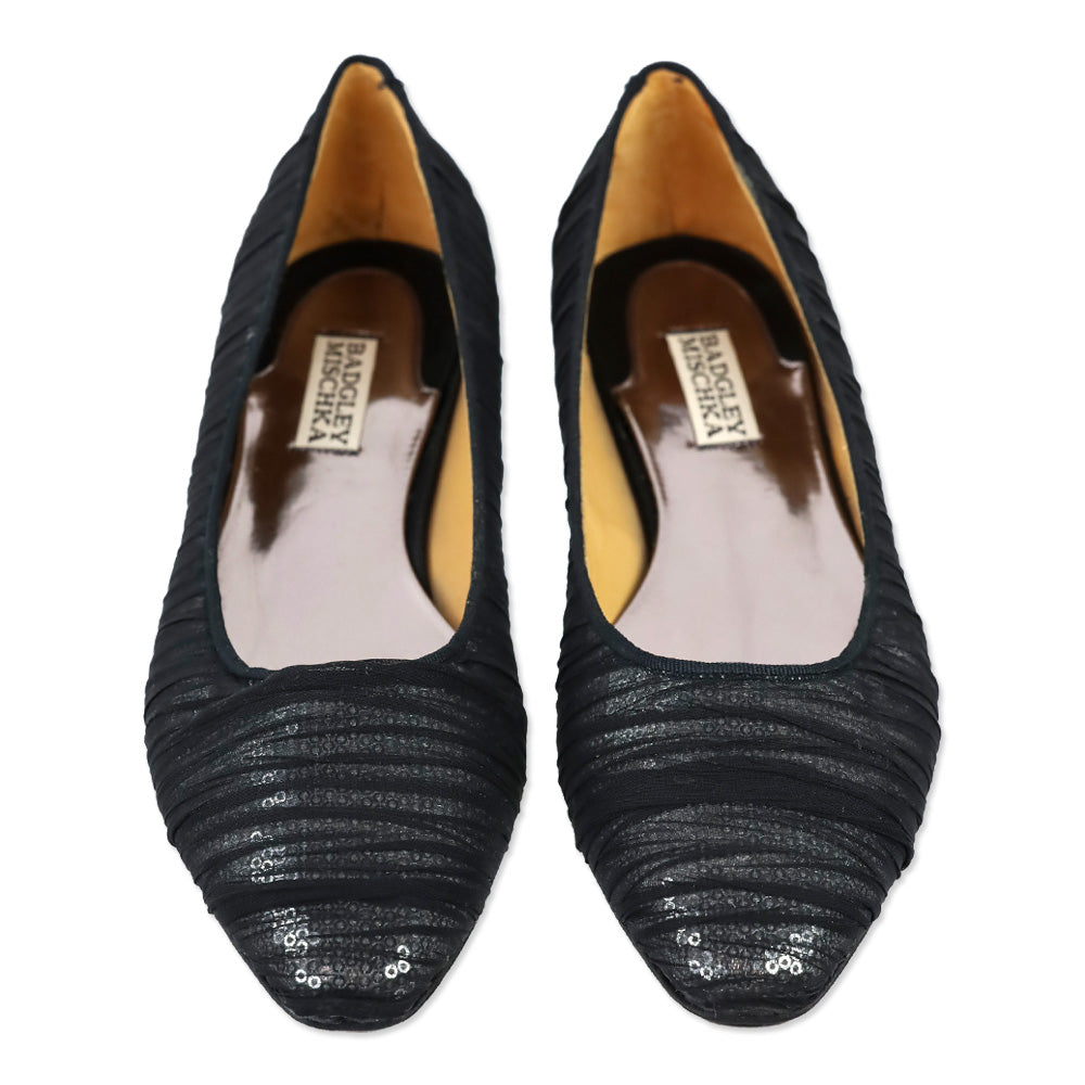 Badgley Mischka Black Organza Covered Silver Sequin Flats