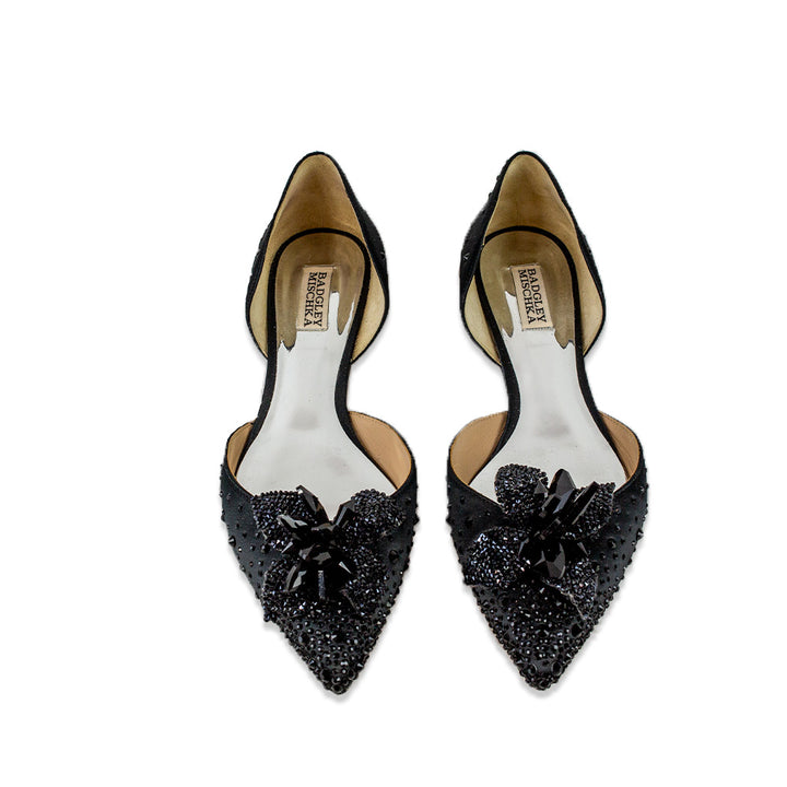 Badgley Mischka Haddie Black Satin Crystal Flower D'Orsay Flats