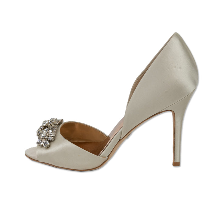 Badgley Mishka Cream Satin Peep Toe Embellished Pumps