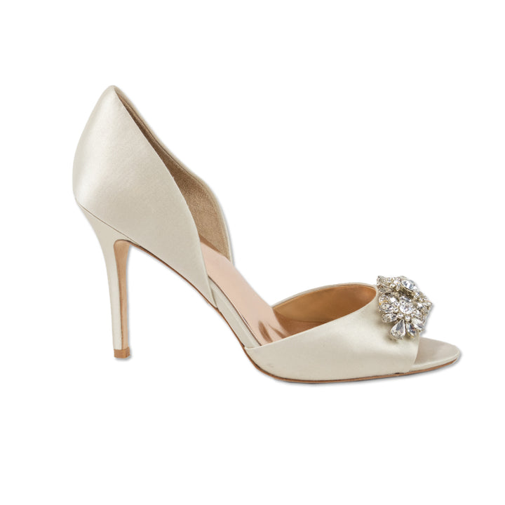 Badgley Mishka Cream Satin Peep Toe Embellished Pumps