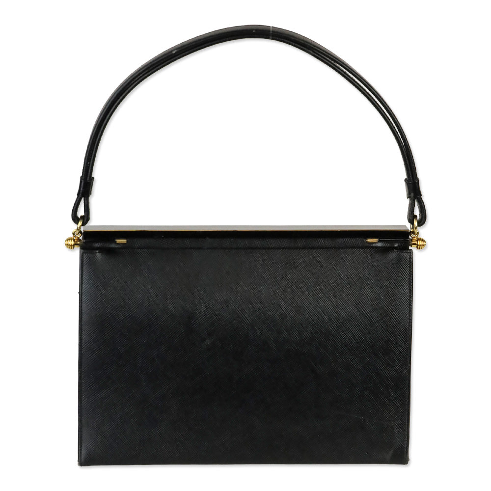 Bag by Dorian Vintage 1960's Black Leather Rhinestone Latch Frame Handbag