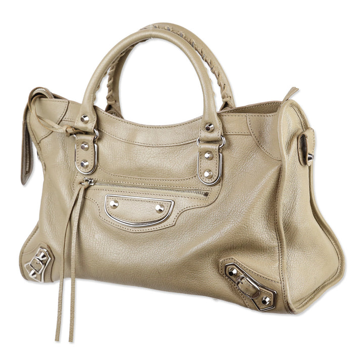 Balenciaga Beige Chèvre Leather Silver Hardware Moto City Bag