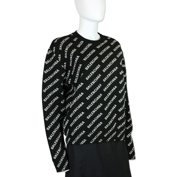Balenciaga Black Allover Logo Cotton Blend Knit Sweater