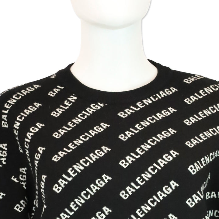 Balenciaga Black Allover Logo Cotton Blend Knit Sweater