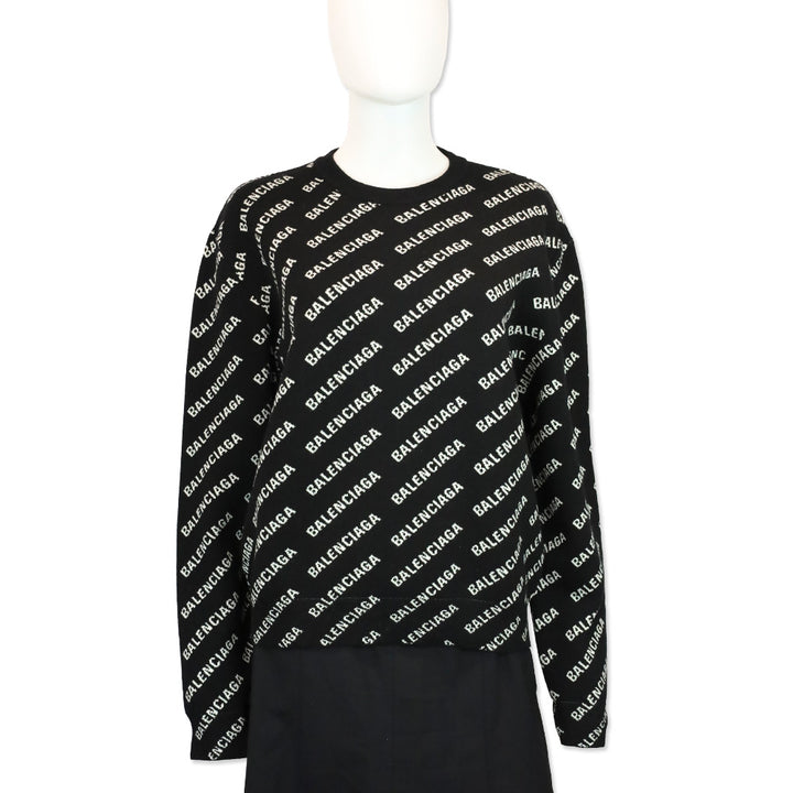 Balenciaga Black Allover Logo Cotton Blend Knit Sweater
