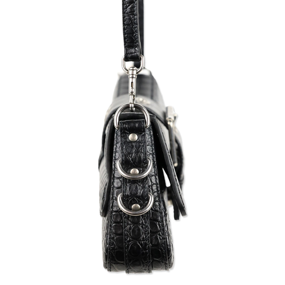 Balenciaga Black Crocodile Embossed Leather Lindsay Small Shoulder Bag With Silver Hardware