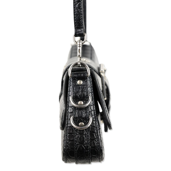 Balenciaga Black Crocodile Embossed Leather Lindsay Small Shoulder Bag With Silver Hardware