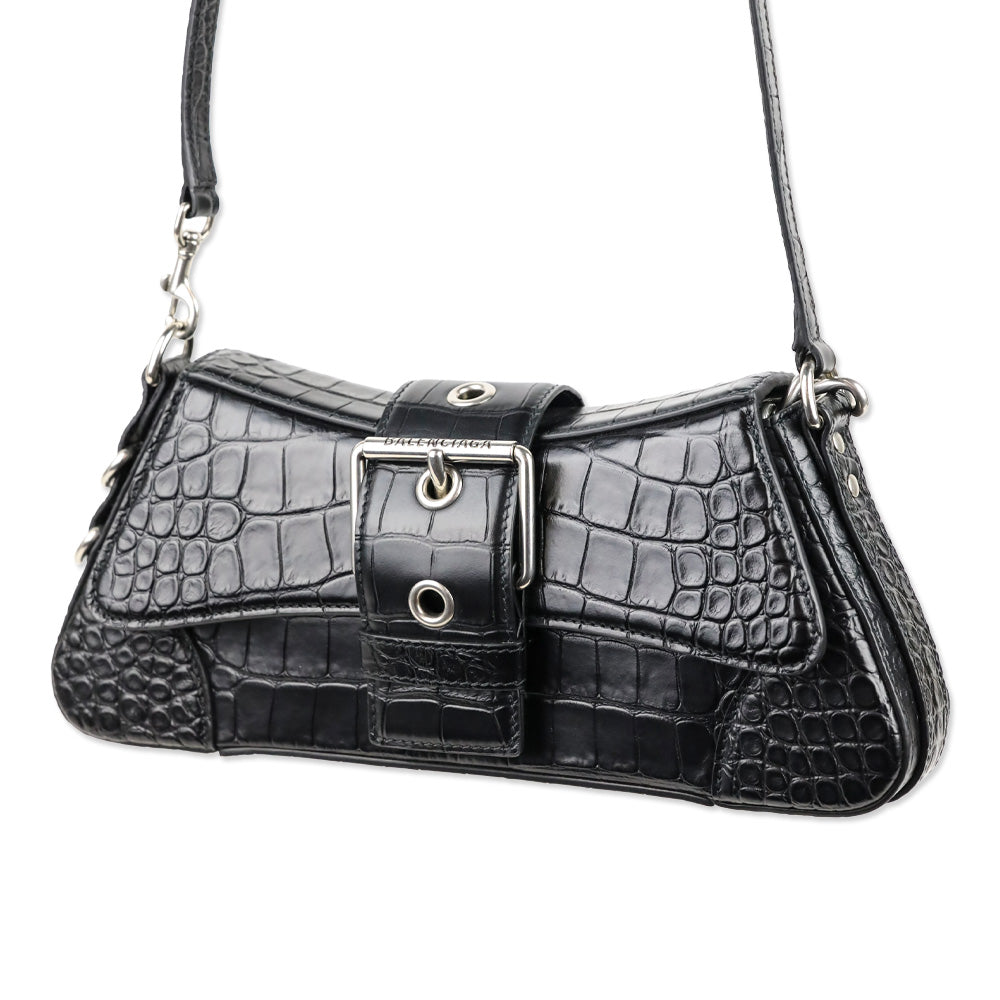 Balenciaga Black Crocodile Embossed Leather Lindsay Small Shoulder Bag With Silver Hardware