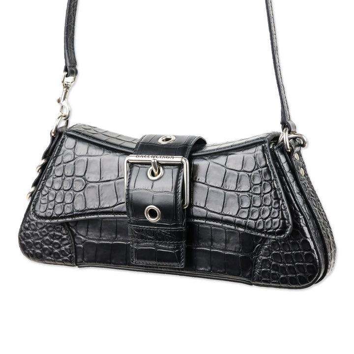 Balenciaga Black Crocodile Embossed Leather Lindsay Small Shoulder Bag With Silver Hardware