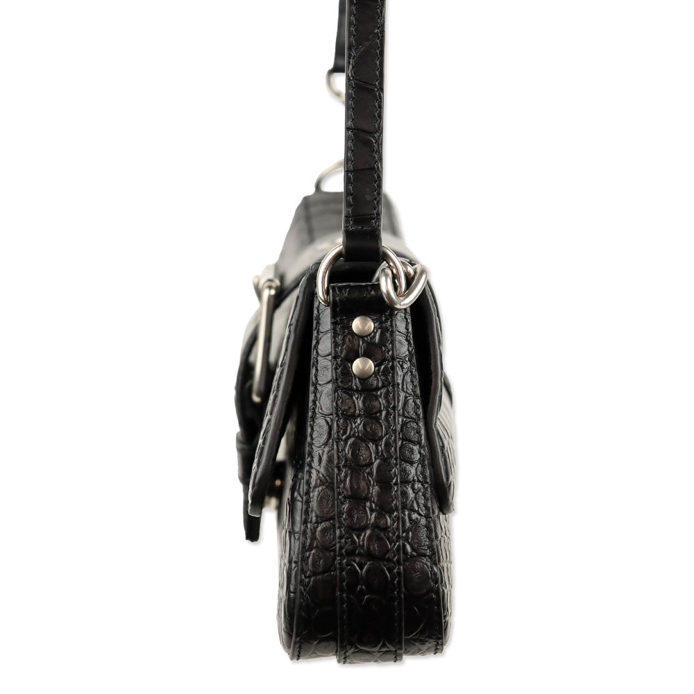 Balenciaga Black Crocodile Embossed Leather Lindsay Small Shoulder Bag With Silver Hardware