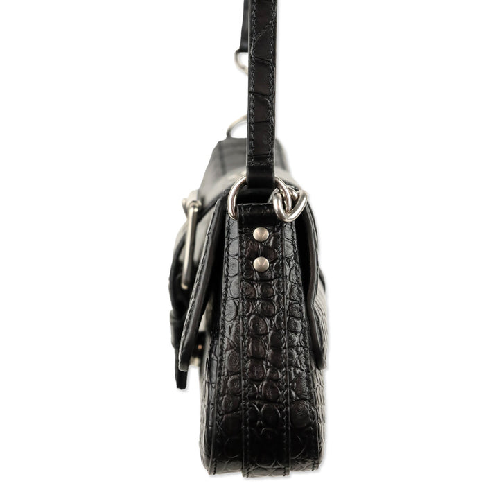 Balenciaga Black Crocodile Embossed Leather Lindsay Small Shoulder Bag With Silver Hardware