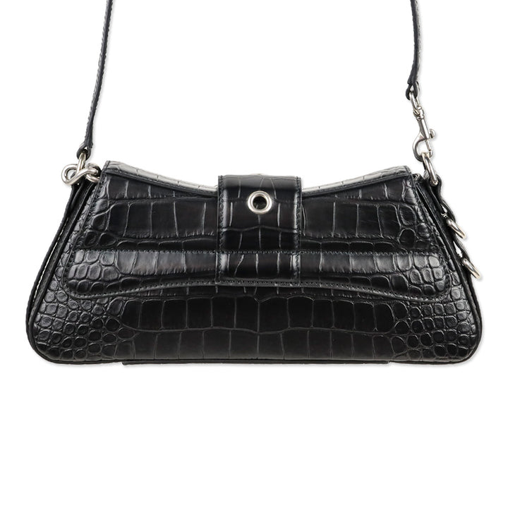 Balenciaga Black Crocodile Embossed Leather Lindsay Small Shoulder Bag With Silver Hardware