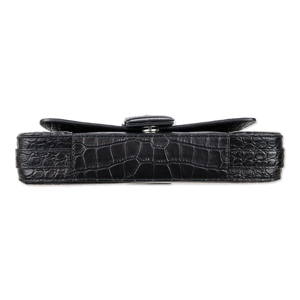 Balenciaga Black Crocodile Embossed Leather Lindsay Small Shoulder Bag With Silver Hardware