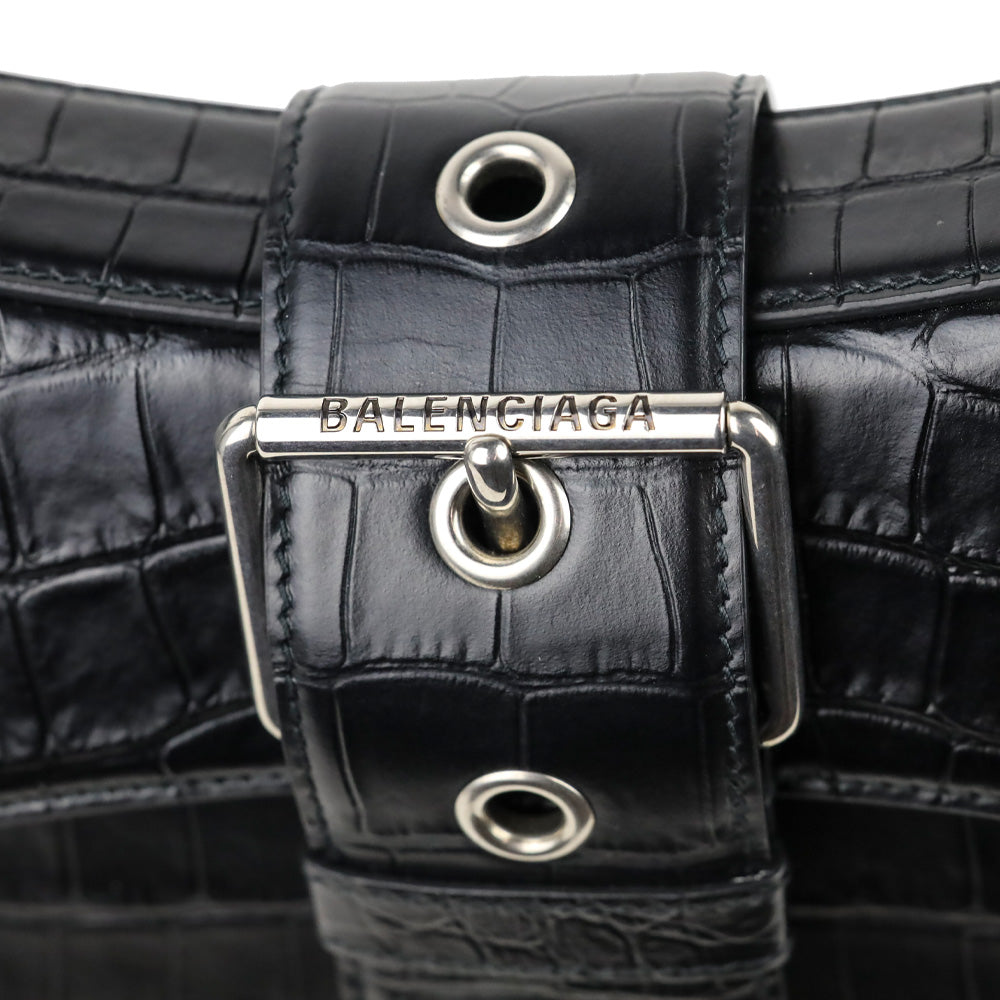 Balenciaga Black Crocodile Embossed Leather Lindsay Small Shoulder Bag With Silver Hardware