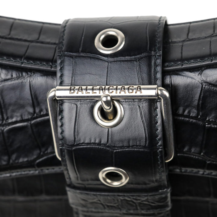 Balenciaga Black Crocodile Embossed Leather Lindsay Small Shoulder Bag With Silver Hardware