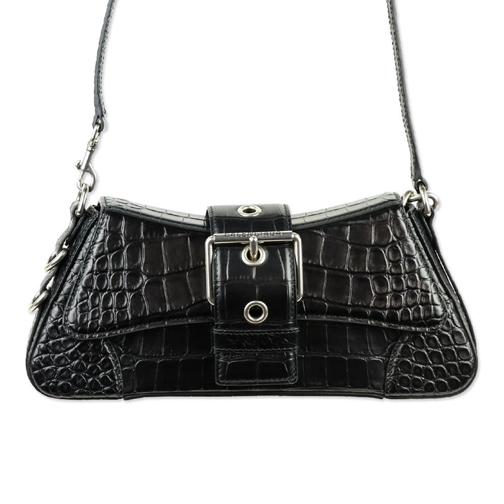 Balenciaga Black Crocodile Embossed Leather Lindsay Small Shoulder Bag With Silver Hardware