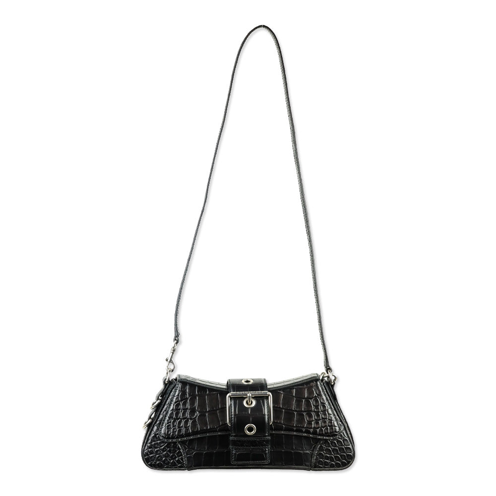 Balenciaga Black Crocodile Embossed Leather Lindsay Small Shoulder Bag With Silver Hardware