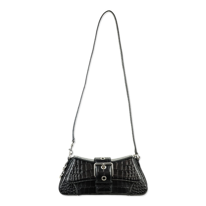Balenciaga Black Crocodile Embossed Leather Lindsay Small Shoulder Bag With Silver Hardware