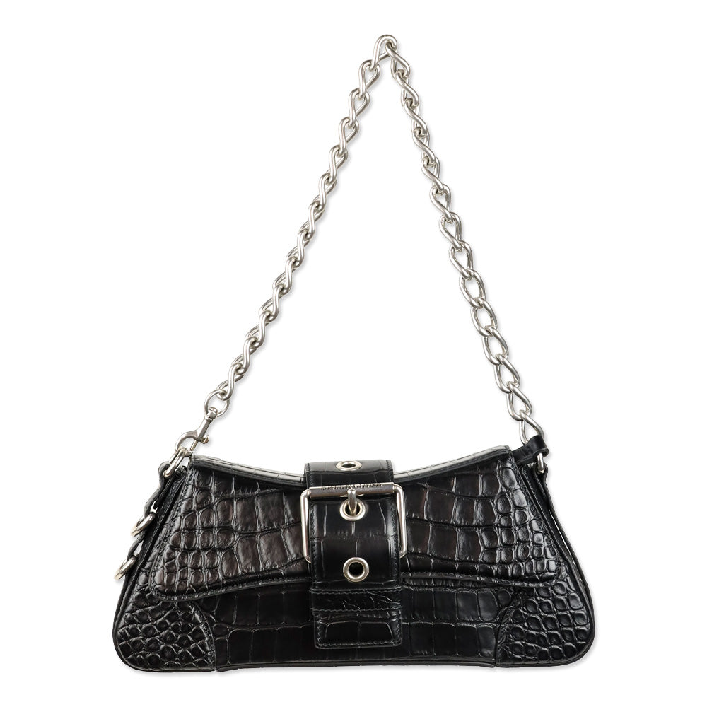 Balenciaga Black Crocodile Embossed Leather Lindsay Small Shoulder Bag With Silver Hardware