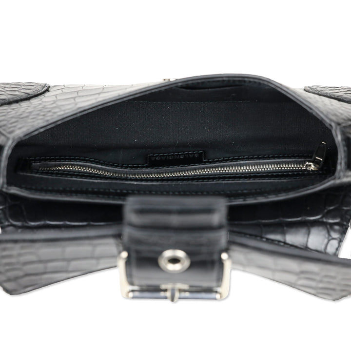 Balenciaga Black Crocodile Embossed Leather Lindsay Small Shoulder Bag With Silver Hardware